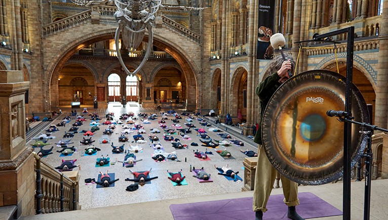 Yoga at the museum with a man hitting a gong at the front